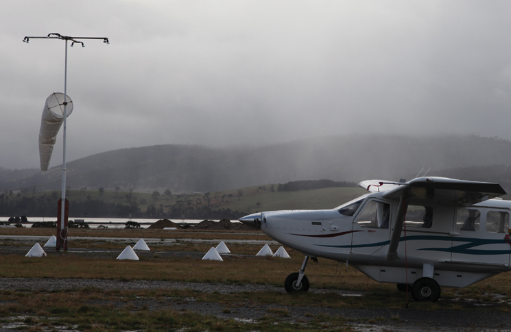 Airvan GA-8 in poor weather conditions at Cambridge Aerodrome, Tasmania.