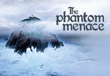 Illustration of Black Rock and its lighthouse with the text 'The phantom menace' in celtic font