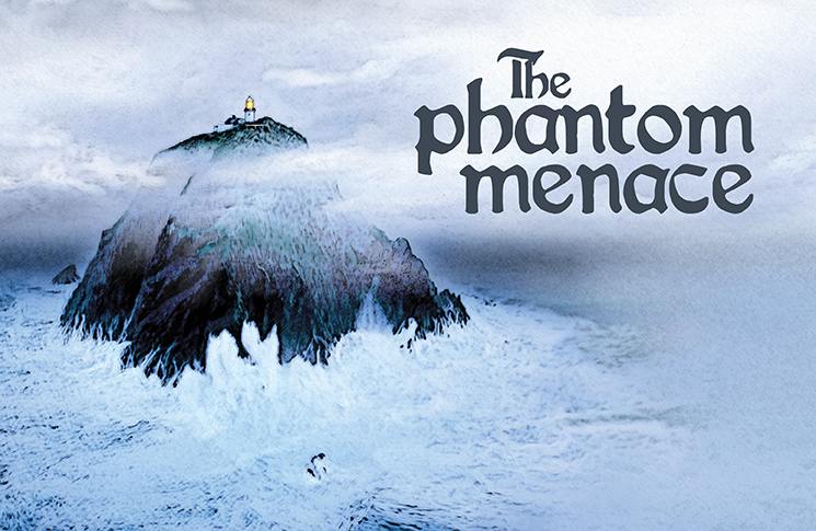 Illustration of Black Rock and its lighthouse with the text 'The phantom menace' in celtic font