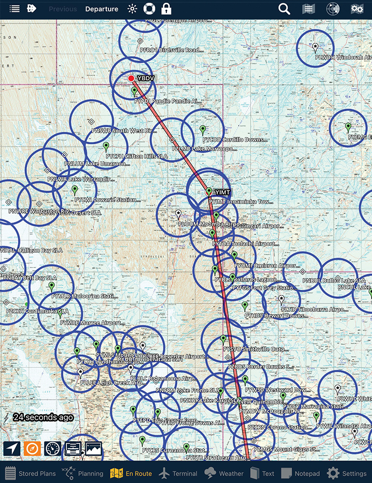 image 1: Nil-wind glide radius from cruising altitude for each suitable landing area