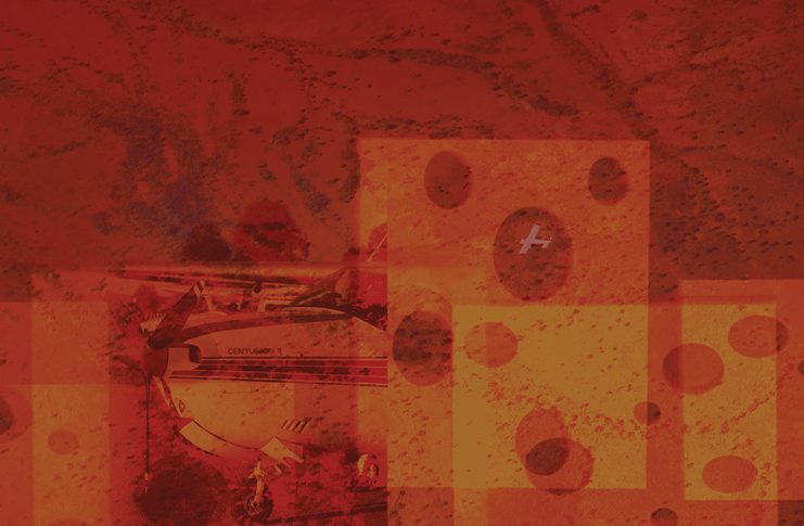 Montage of several images overlayed to create an abstract image. Image includes a small aircraft, an aerial view of a desert landscape and some swiss cheese.