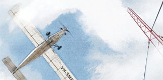 Illustration of aircraft flying towards a radio tower in patchy fog (view from ground looking up).