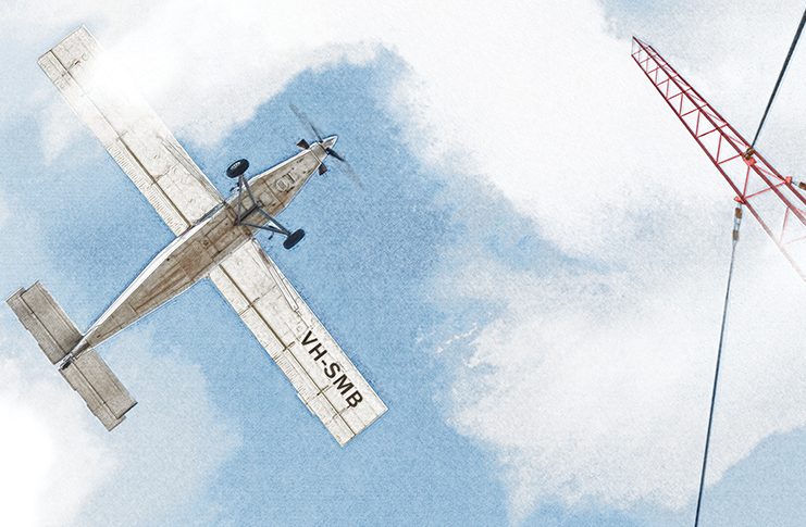 Illustration of aircraft flying towards a radio tower in patchy fog (view from ground looking up).