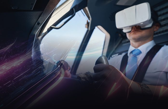 Photo of pilot in a cockpit wearing virtual reality headset overlayed with an abstract pattern.