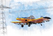 Illustration style image of a small aircraft flying close to powerlines