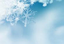 Close up of snow flake on a blue background