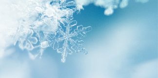 Close up of snow flake on a blue background