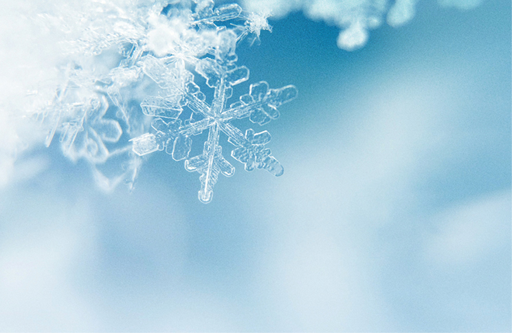 Close up of snow flake on a blue background