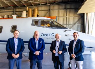 L-R: Greg Barsby, QinetiQ Australia, CASA’s Chris Monahan, award recipient Chris Sievers and Gary Stewart, QinetiQ Australia.