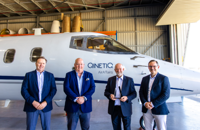 L-R: Greg Barsby, QinetiQ Australia, CASA’s Chris Monahan, award recipient Chris Sievers and Gary Stewart, QinetiQ Australia.