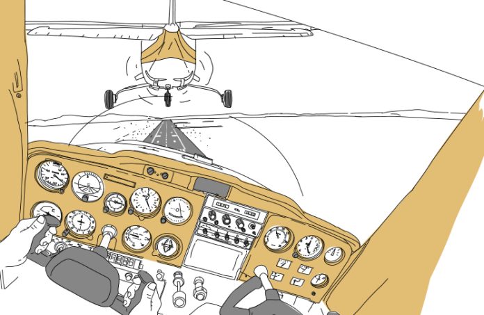 Illustration from a cockpit approaching a runway to land. While another plane is directly in front.