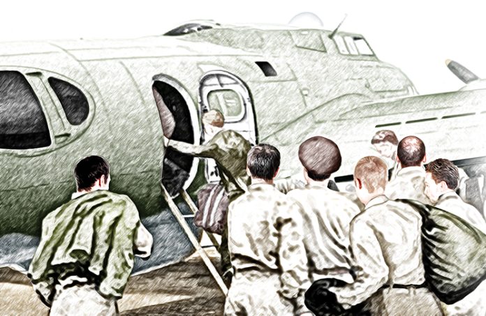 Artist impression of people boarding the Boeing B-17C, 40-2072, VH-CBA Bakers Creek, Qld 6:02 am, 14 June 1943