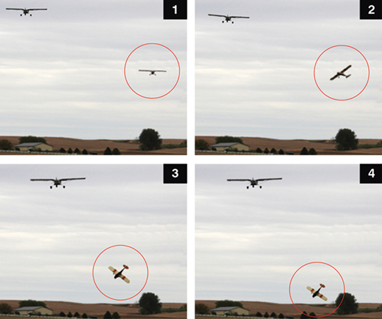 Photographs showing the right roll and descent of a small aircraft