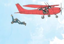Illustration of sky diver who has just jumped out of a small red aircraft