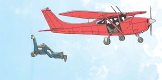 Illustration of sky diver who has just jumped out of a small red aircraft