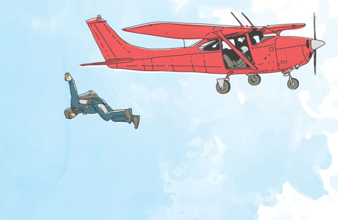 Illustration of sky diver who has just jumped out of a small red aircraft