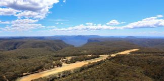 An unsealed runway surrounded by bushland. A blue sky with scattered above.