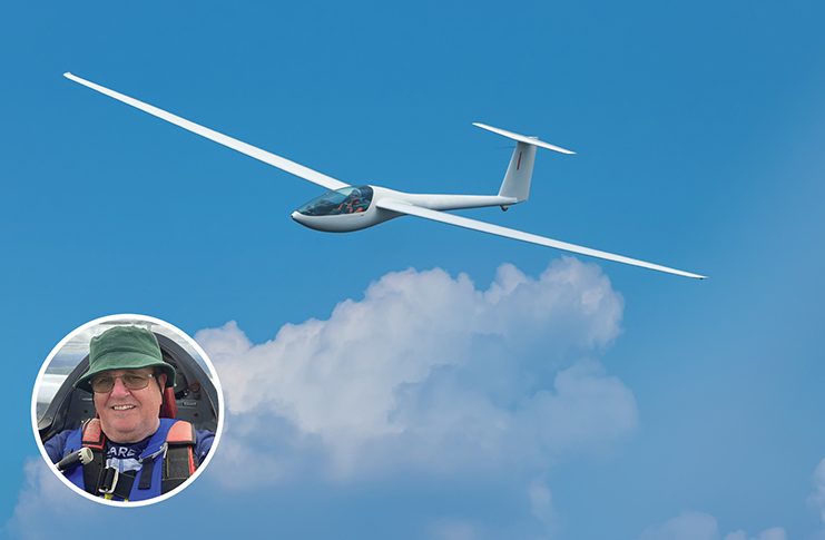 image of a glider with a headshot of Drew Mckinnie inset in the bottom left