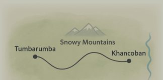 Image of a map showing the windy path taken by the helicopter from Tumbarumba to Khancoban
