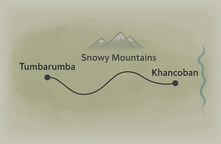 Image of a map showing the windy path taken by the helicopter from Tumbarumba to Khancoban