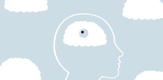 Sketch of a head with clouds sorrounding it