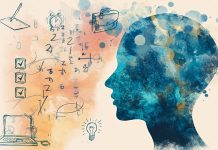 An abstract illustration of a human head filled with blue and orange watercolor textures, surrounded by hand-drawn symbols including a checklist, clock, camera, laptop, light bulb, and mathematical equations