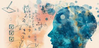 An abstract illustration of a human head filled with blue and orange watercolor textures, surrounded by hand-drawn symbols including a checklist, clock, camera, laptop, light bulb, and mathematical equations
