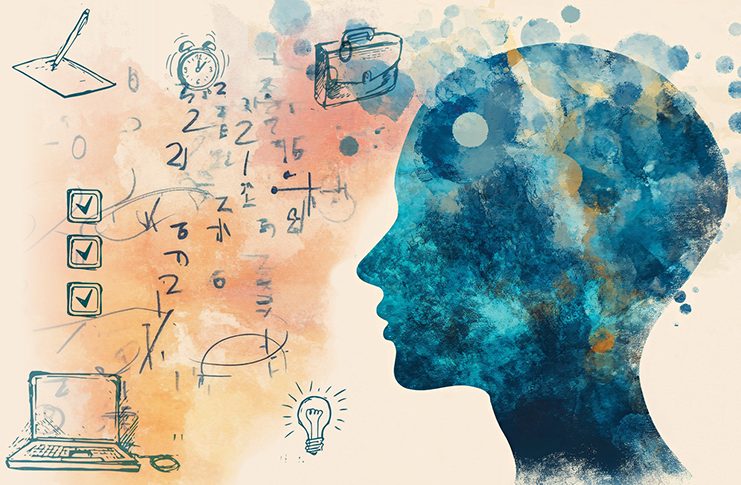 An abstract illustration of a human head filled with blue and orange watercolor textures, surrounded by hand-drawn symbols including a checklist, clock, camera, laptop, light bulb, and mathematical equations