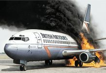 Illustration of the Boeing 737-200 - British Airtours flight 328 with smoke and fire coming out of the aeroplane.