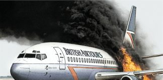 Illustration of the Boeing 737-200 - British Airtours flight 328 with smoke and fire coming out of the aeroplane.
