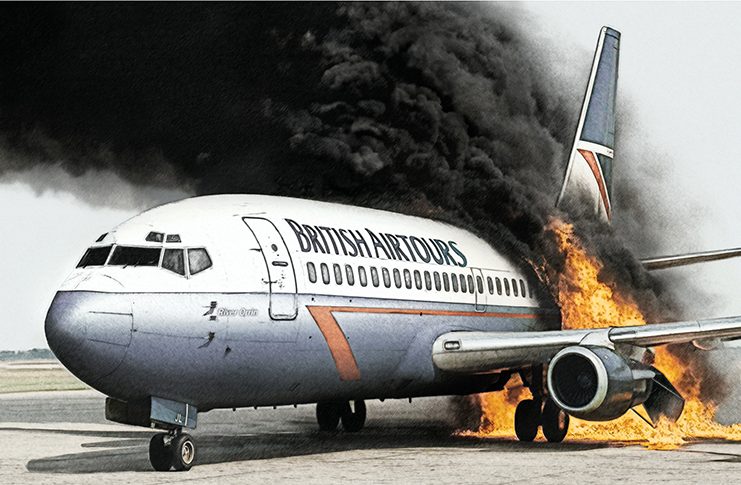 Illustration of the Boeing 737-200 - British Airtours flight 328 with smoke and fire coming out of the aeroplane.