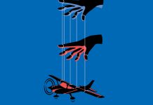 Illustration of hands with puppet strings controlling a plane