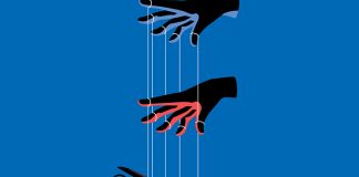 Illustration of hands with puppet strings controlling a plane
