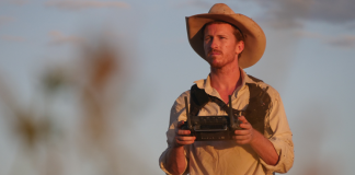 Luke Chaplain is flying a drone as part of his work with SkyKelpie, his drone mustering company.