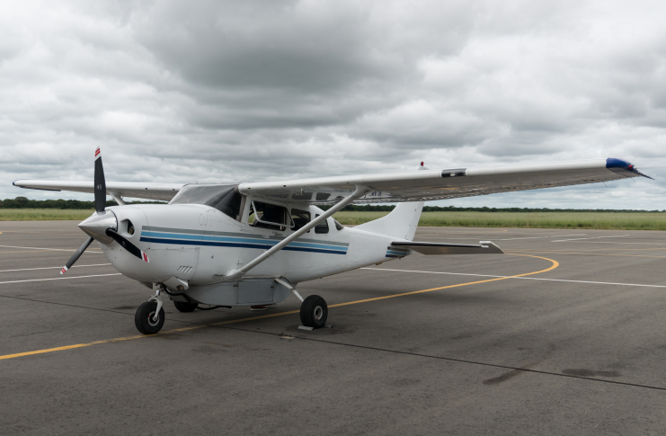 A white Cessna 206 parked on an apron under a cloudy sky.