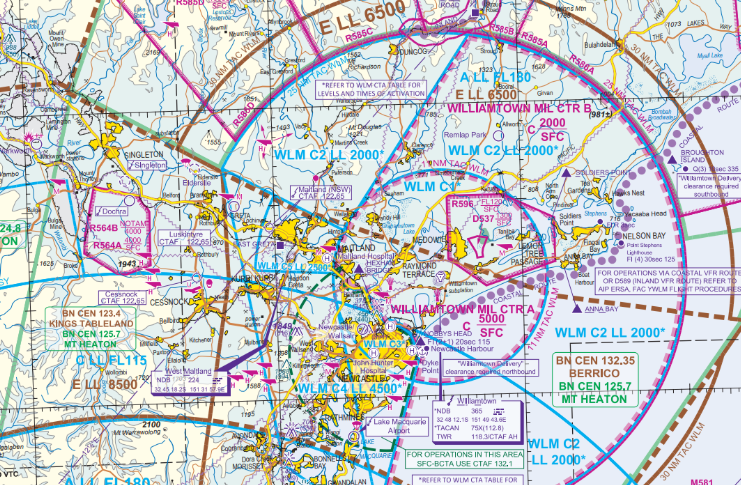 An image of a visual navigation chart showing Williamtown Military Control and surrounding restricted airspace. Singleton is located to the northwest of Williamtown and restricted areas R564A and R564B are south of Singleton.