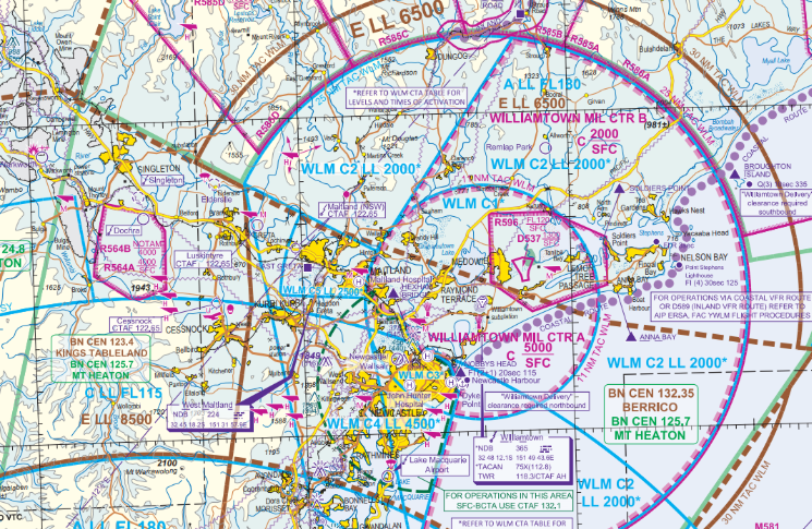 Map of restricted areas An image of a visual navigation chart showing Williamtown Military Control and surrounding restricted airspace. Singleton is located to the northwest of Williamtown and restricted areas R564A and R564B are south of Singleton.