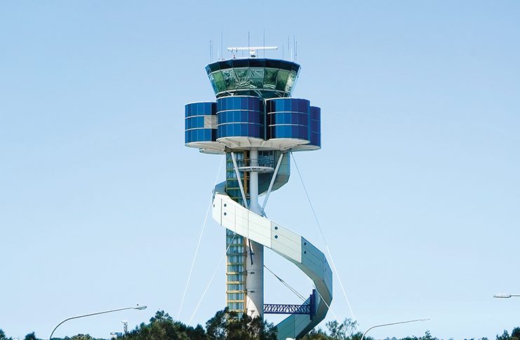 A large airport control tower with a spiral staircase. AI generated content