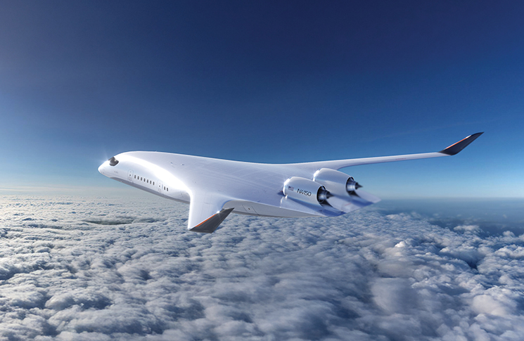 A render of a blended-wing body airliner.