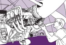 Putting the pieces together: modular engineer licensing A man is working on a plane engine, which is purple and white. AI generated content