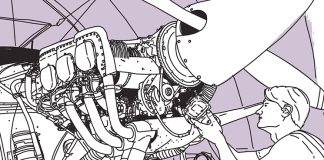Putting the pieces together: modular engineer licensing A man is working on an aeroplane engine, which is purple and white.