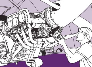 Putting the pieces together: modular engineer licensing A man is working on an aeroplane engine, which is purple and white.