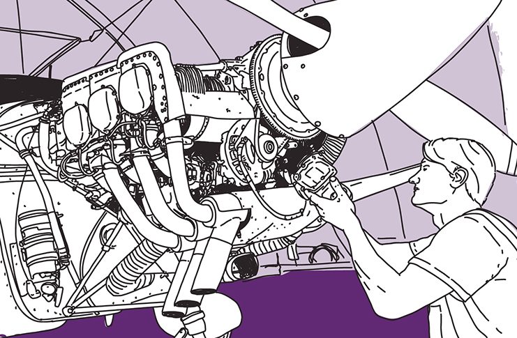 Putting the pieces together: modular engineer licensing A man is working on an aeroplane engine, which is purple and white.