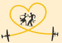 Taxiway tango Two people dancing in a yellow heart that shows the paths of two aeroplanes