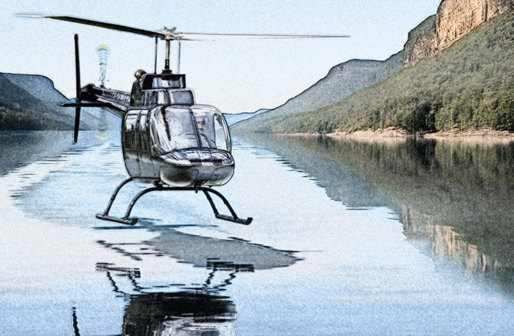 To a mirror finish A helicopter hovering over mirror-smooth lake water