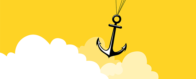 An anchor with clouds in the background, held up by cables going above