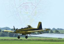 Mix-up in the salad bowl An aeroplane spraying a field, with an airspace map superimposed over the sky behind it