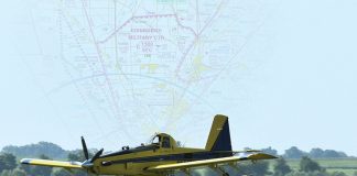 Mix-up in the salad bowl An aeroplane spraying a field, with an airspace map superimposed over the sky behind it