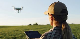 A woman flying a drone over a field