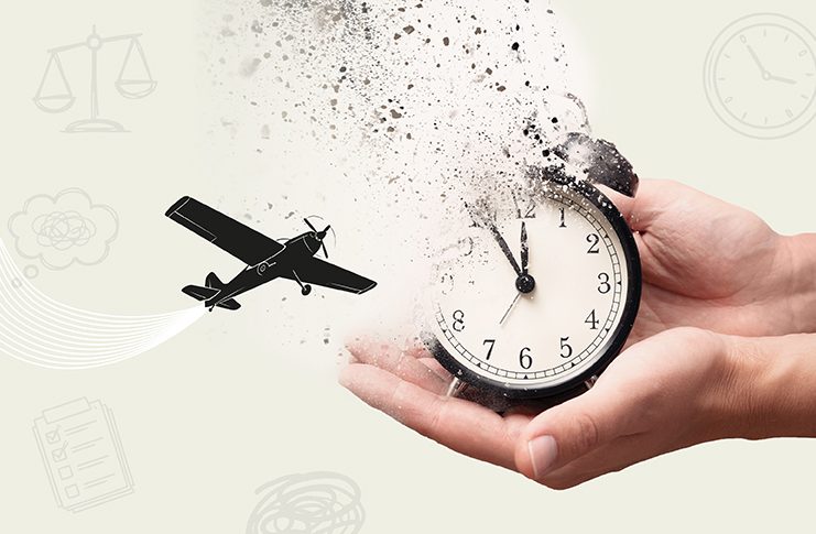 Forced landing: are you prepared? A pair of hands holding a clock disintegrating into particles while a plane flies in the background